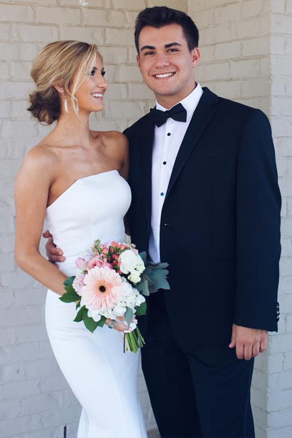 Simple Mermaid White Elastic Satin Strapless Wedding Dress OW455