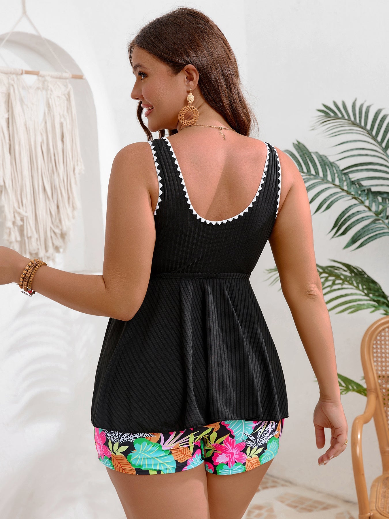 Ruched Tankini Set With Printed Shorts