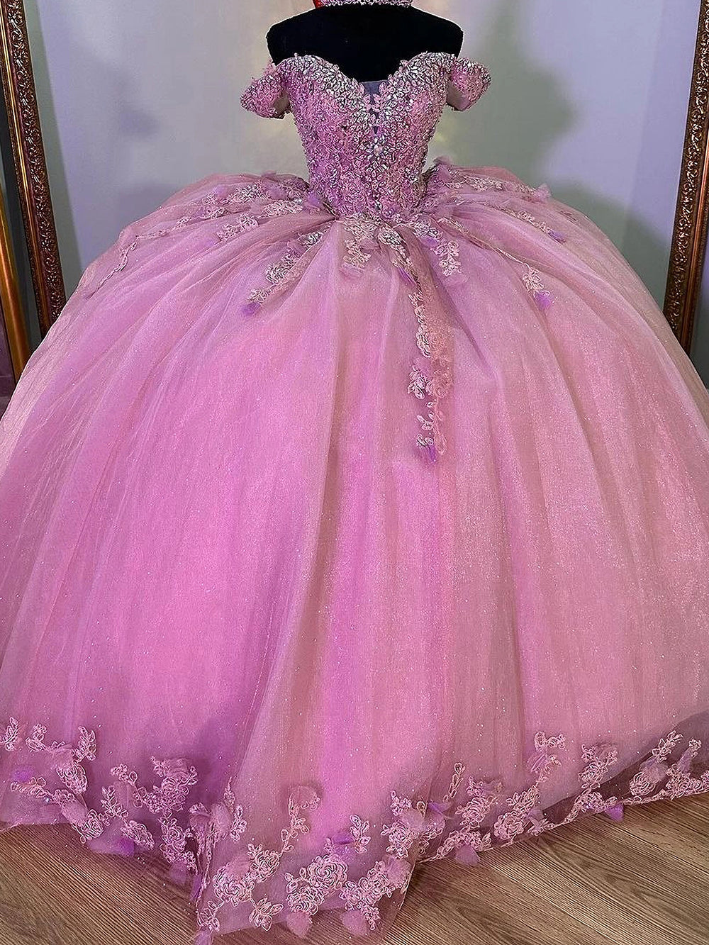 Ball Gown Off Shoulder 3D Flowers Lace Appliques Pink Tulle Quinceanera Dress Princess Evening Party Gown for Sweet 16