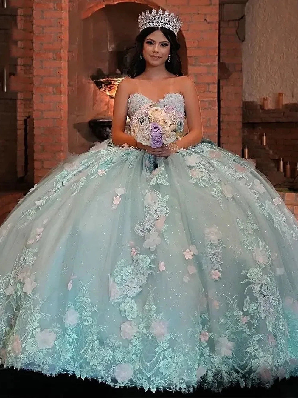 Ball Gown Strapless Sleeveless 3D Flower Lace Appliques Sky Blue Tulle Quinceanera Dress for Sweet 16