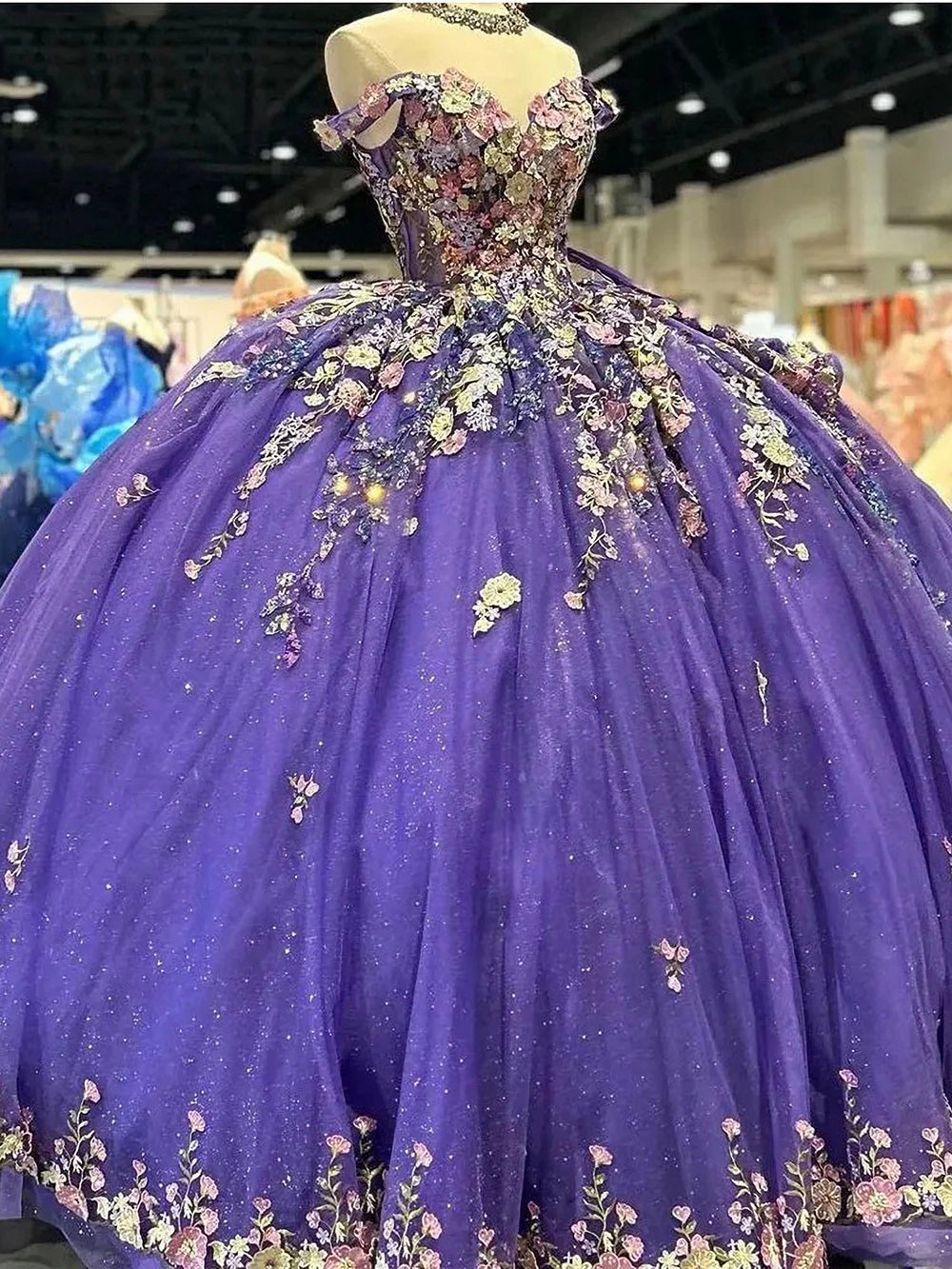 Glamorous Ball Gown Off Shoulder 3D Floral Lace Appliques Beaded Purple Tulle Quinceanera Dress Birthday Princess for Sweet 16
