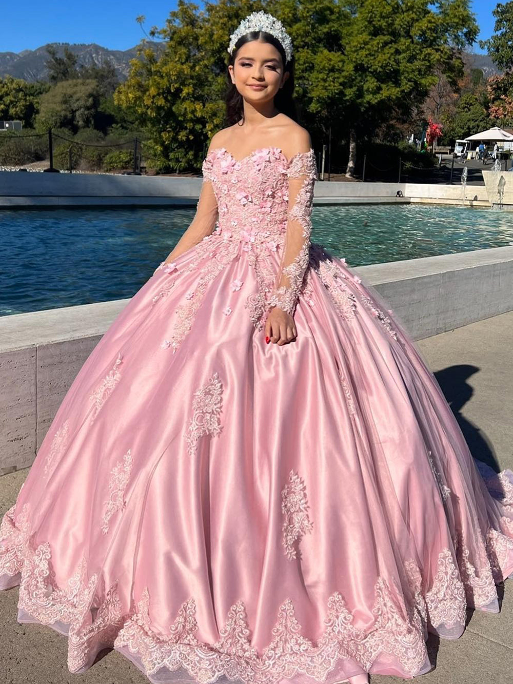 Elegant Ball Gown Off Shoulder Long Sleeves Lace Appliques Beaded Pink Satin Quinceanera Dress for Sweet 16