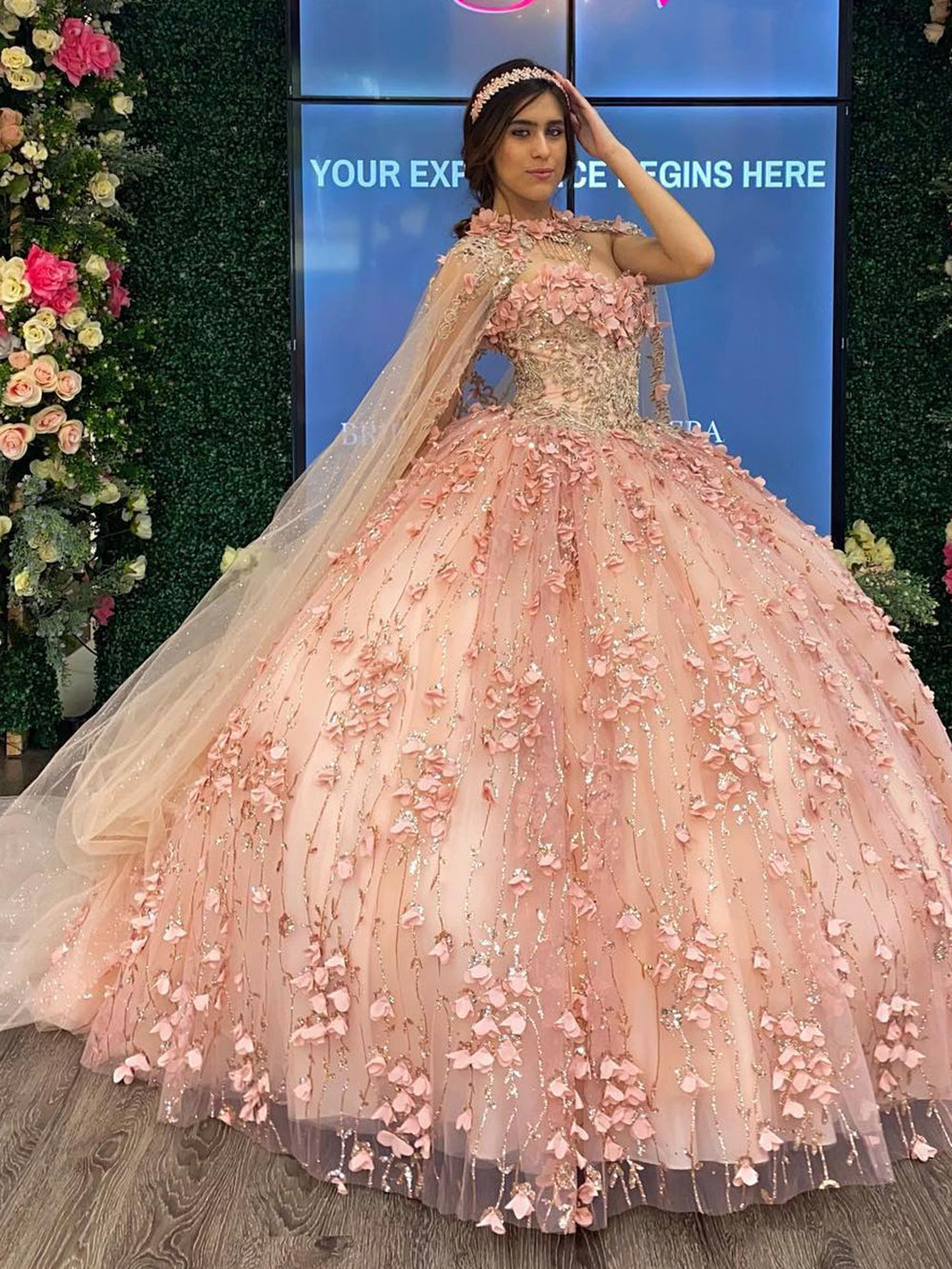 Cute & Chic Ball Gown Strapless Cape 3D Floral Appliques Beaded Rose Pink Tulle Quinceanera Dress for Sweet 16