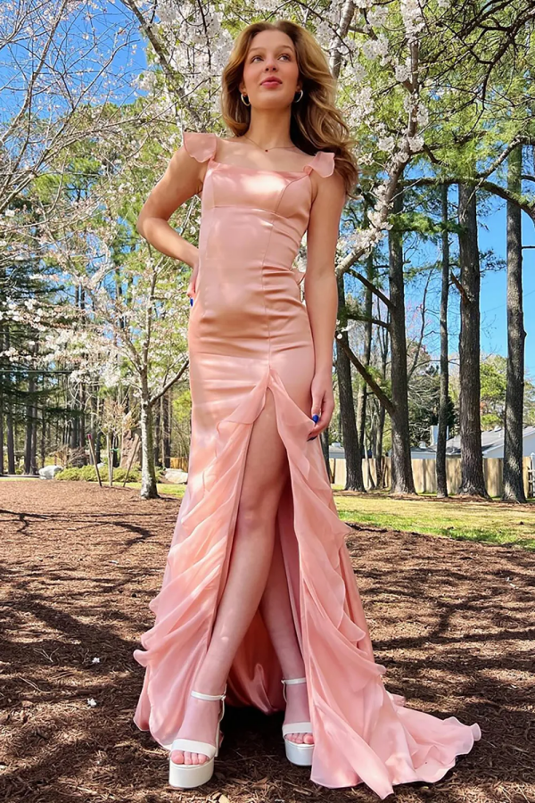 Sheath Square Neck Straps Sleeveless Ruffles Criss Cross Straps Floor Length Prom Dresses Dress Party Dress Evening Gown