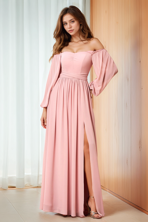 Sexy A-Line Off Shoulder Sleeveless Pleated Prom Dresses Party Dress Evening Dress Back Zipper Bow Knot Floor Length High Side Slit and Train Bridesmaids Dress