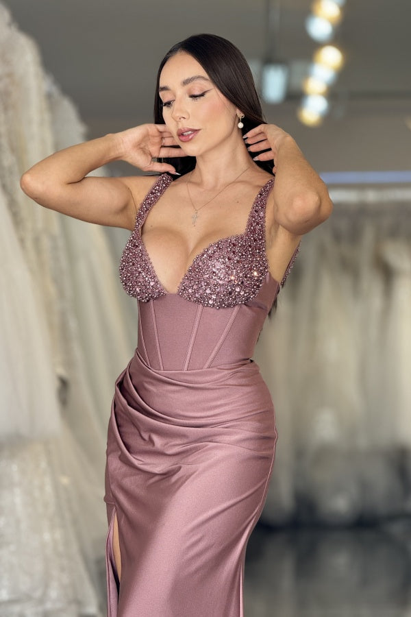 Cute & Elegant Mermaid Strapless Straps Sleeveless Floor Length Formal Party Dress Beaded Pleated Dusty Pink Satin Evening Dress with Train