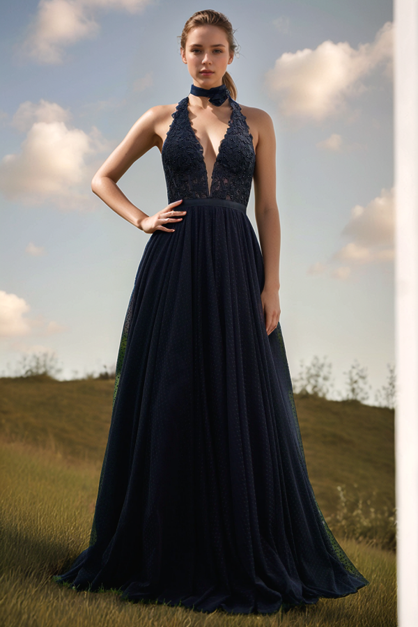 Sexy A-Line Low V Neck Halter Sleeveless Appliques Sleeveless Prom Dresses Party Dress Open Back Floor Length Tulle Evening Formal Gown