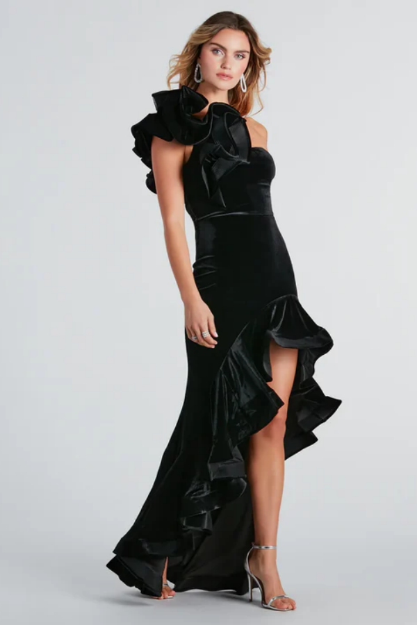 Elegant & Classic Sheath One Shoulder Sleeveless Ruffles Velvet Prom Dresses Party Dress High Side Slit and Train Back Zipper Evening Formal Gown Cocktail Dress