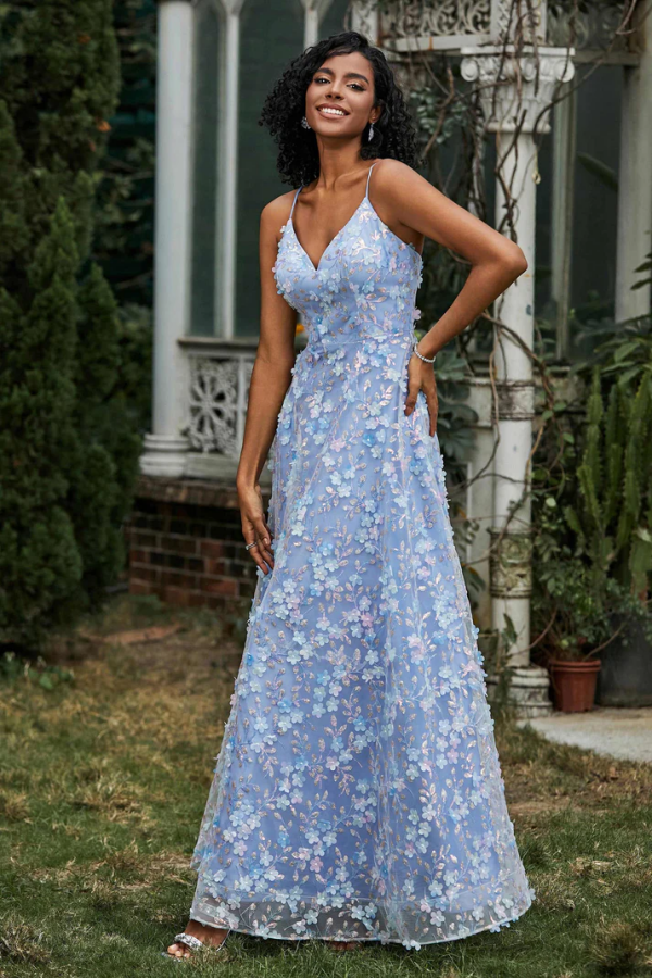 Casual & Cute Sky Blue A-Line Strapless Spaghetti Straps Sleeveless Prom Dresses Party Dress 3D Flower Tulle High Side Slit Open Back Evening Formal Dress Wedding Guest Dress