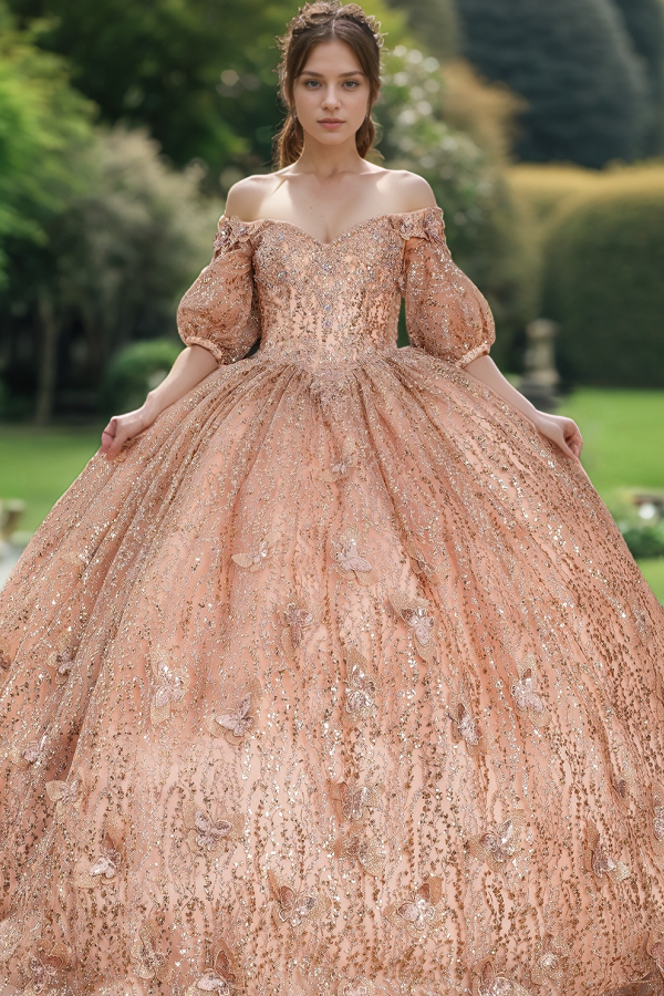 Glamorous & Sparkly Ball Gown Off Shoulder Half Sleeves 3D Butterfly Appliques Glitter Rose Gold Tulle Quinceanera Dress Birthday Party Dress for Sweet 16