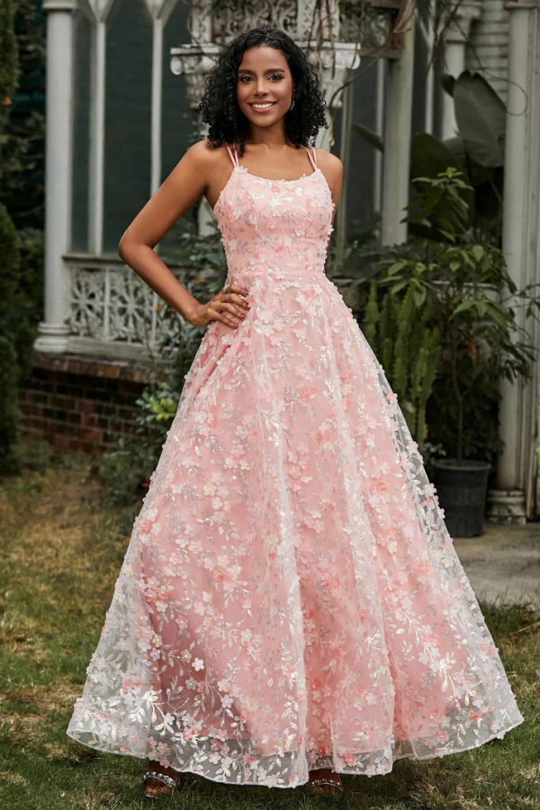 Chic & Modern Pink A-Line Strapless Spaghetti Straps Sleeveless Prom Dresses Party Dress 3D Flower Tulle Open Back Evening Party Dress Cocktail Gown Wedding Guest Dress