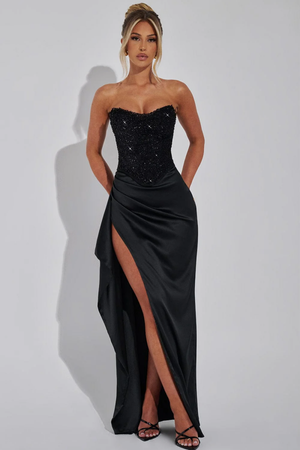 Classic & Simple Sheath Strapless Sleeveless Pleated Beaded Sequins High Side Slit Floor Length Prom Dresses Dress Formal Evening Gown Cocktail Dress