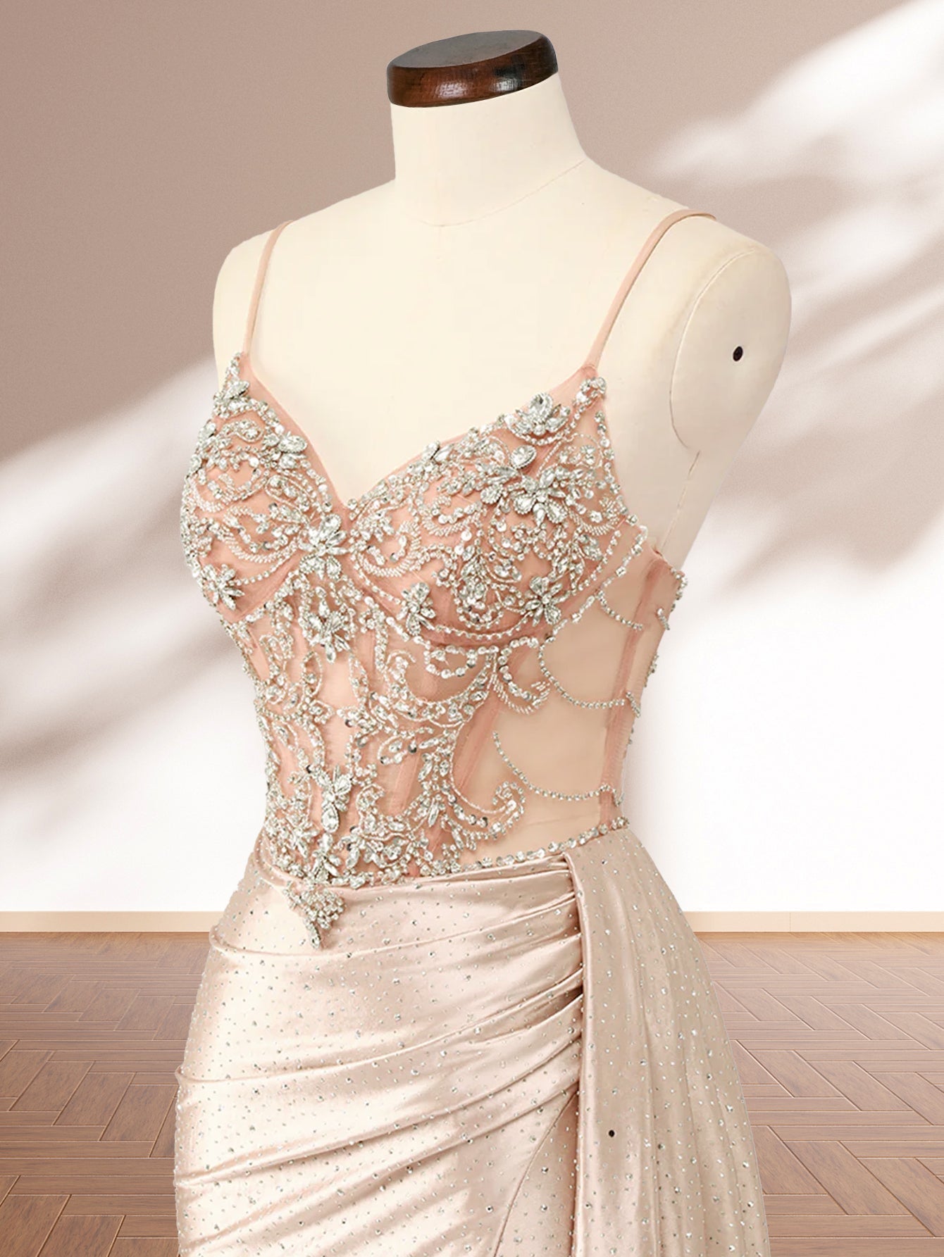 Luxury Lace Embroidery Crystal Mermaid Prom Dress With Waist Drop - Champagne