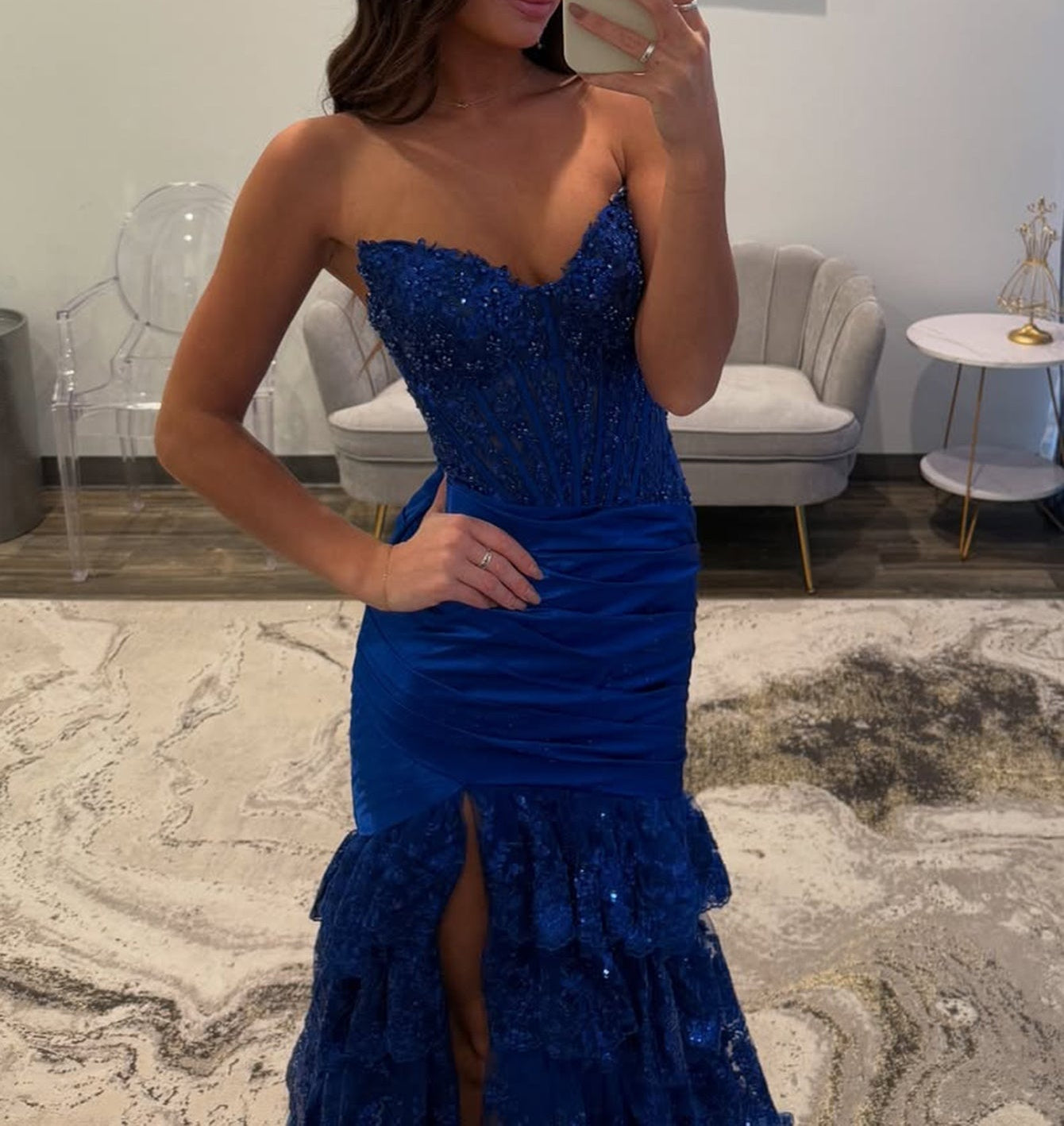 Sparkly Lace Boned Mermaid Prom Dress With Ruffle - Royal Blue