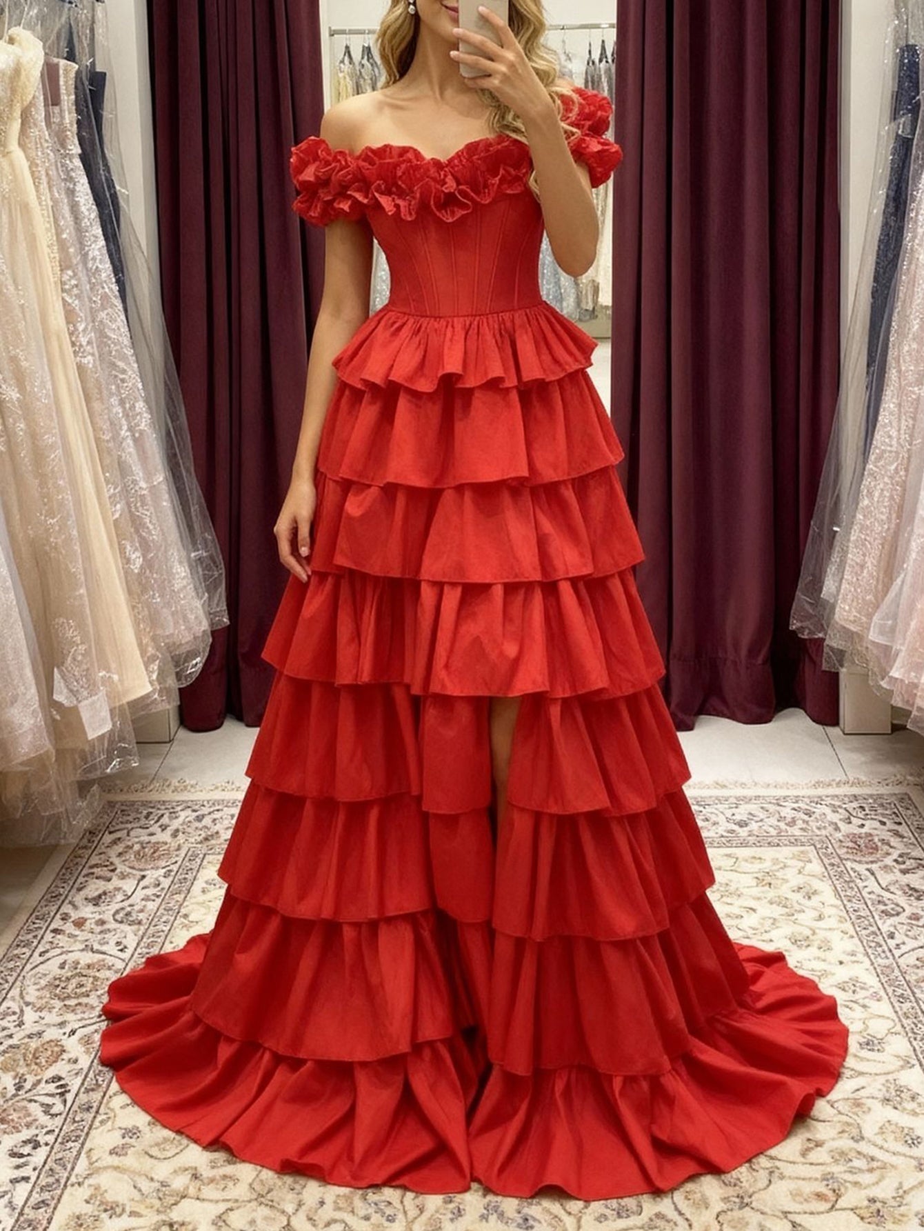 Off Shoulder Bodice Tiered Layered Ball Gown Prom Dress With Slit - Red