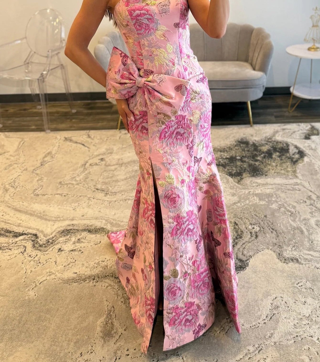 Big Bow Flower Embroidery Mermaid Prom Dress With Split - Pink Floral