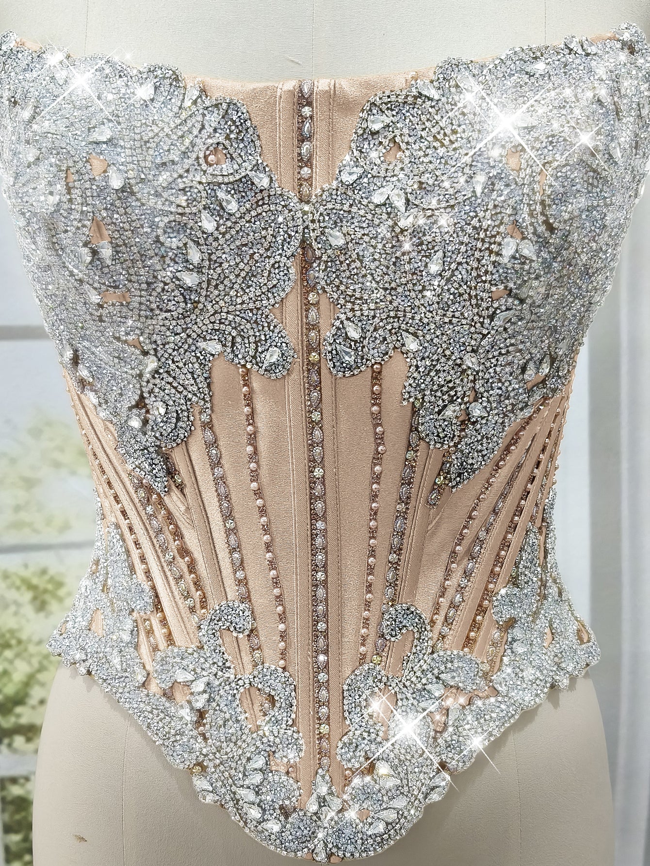 Luxury Crystal Strapless Sheer Bodice Mermaid Evening Dress - Champagne