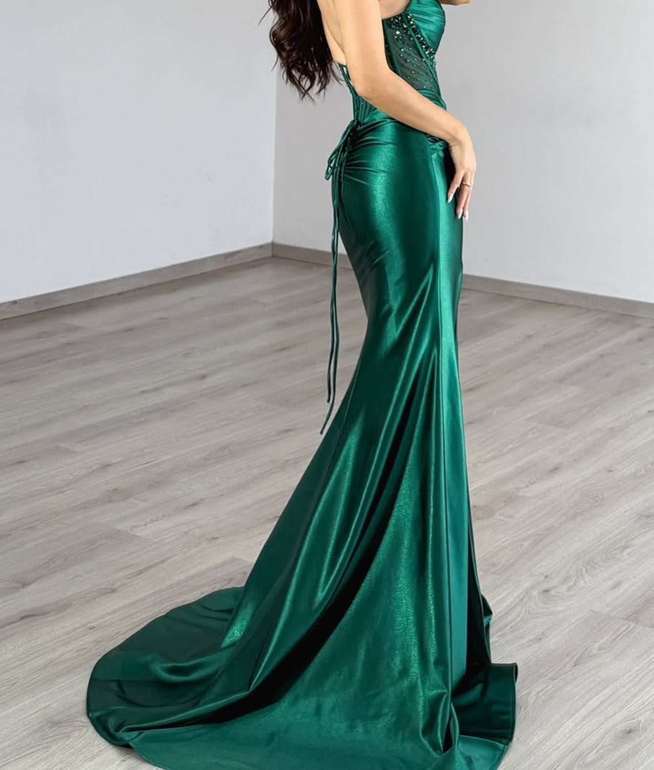 Hand Beading Bodice Crystal Mermaid Prom Dress - Emerald Green