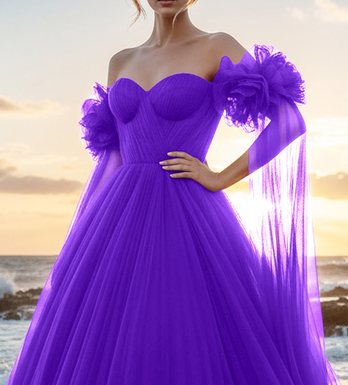 Off Shoulder 3D Rose Ball Gown Evening Dress With Long Sleeve - Purple