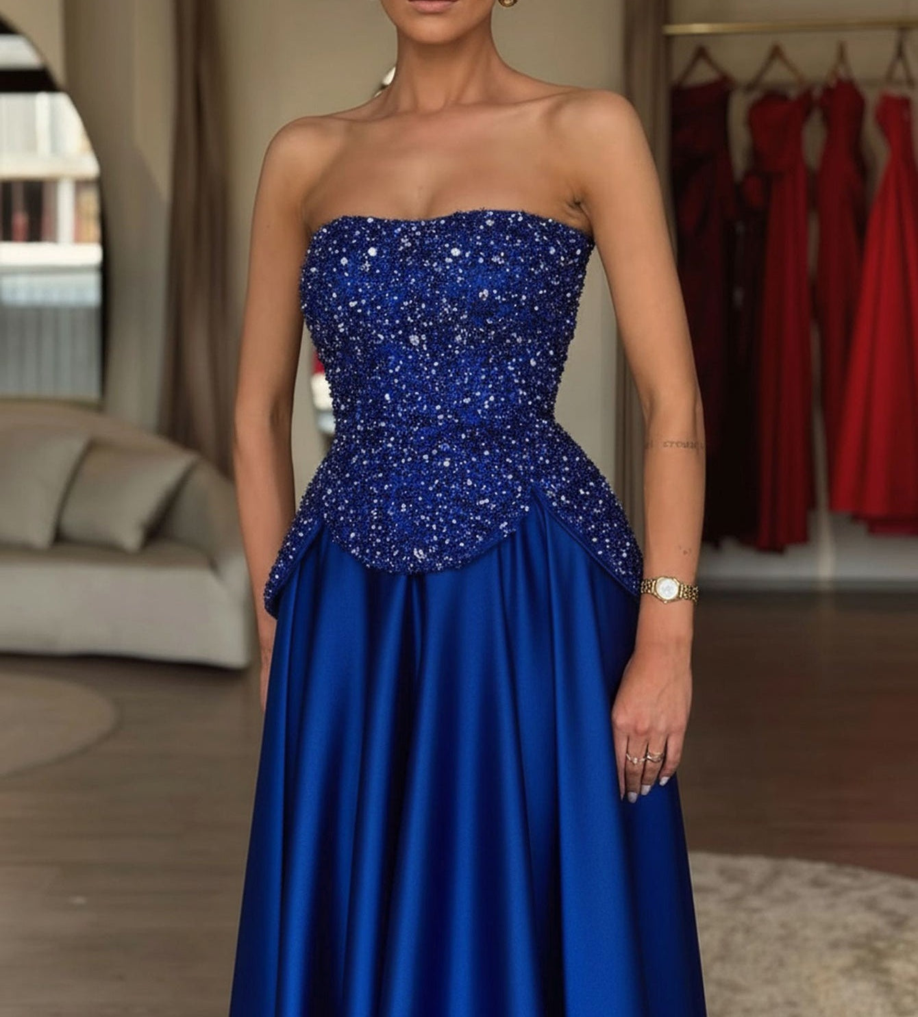 Luxury Two-Piece Sequin Top Satin Skirt Long Prom Dress - Royal Blue