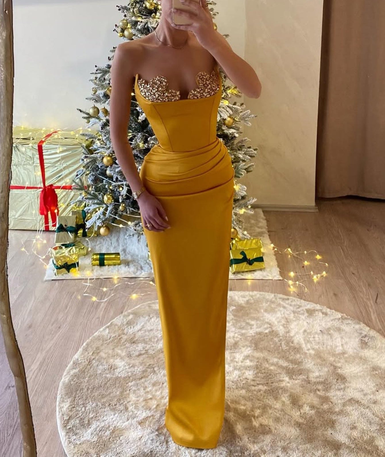 Detachable Sleeves Crystal Long Prom Dress - Yellow