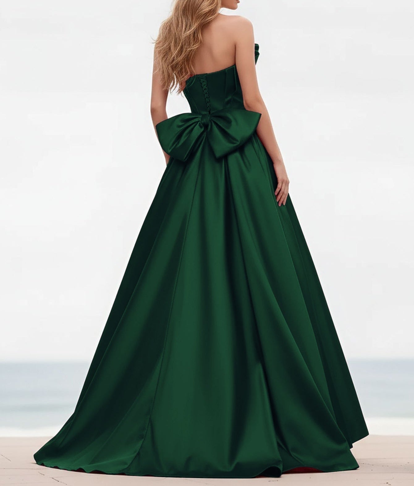 Pleated Bust Ruffle Hem Strapless Satin Prom Ball Gown - Emerald Green