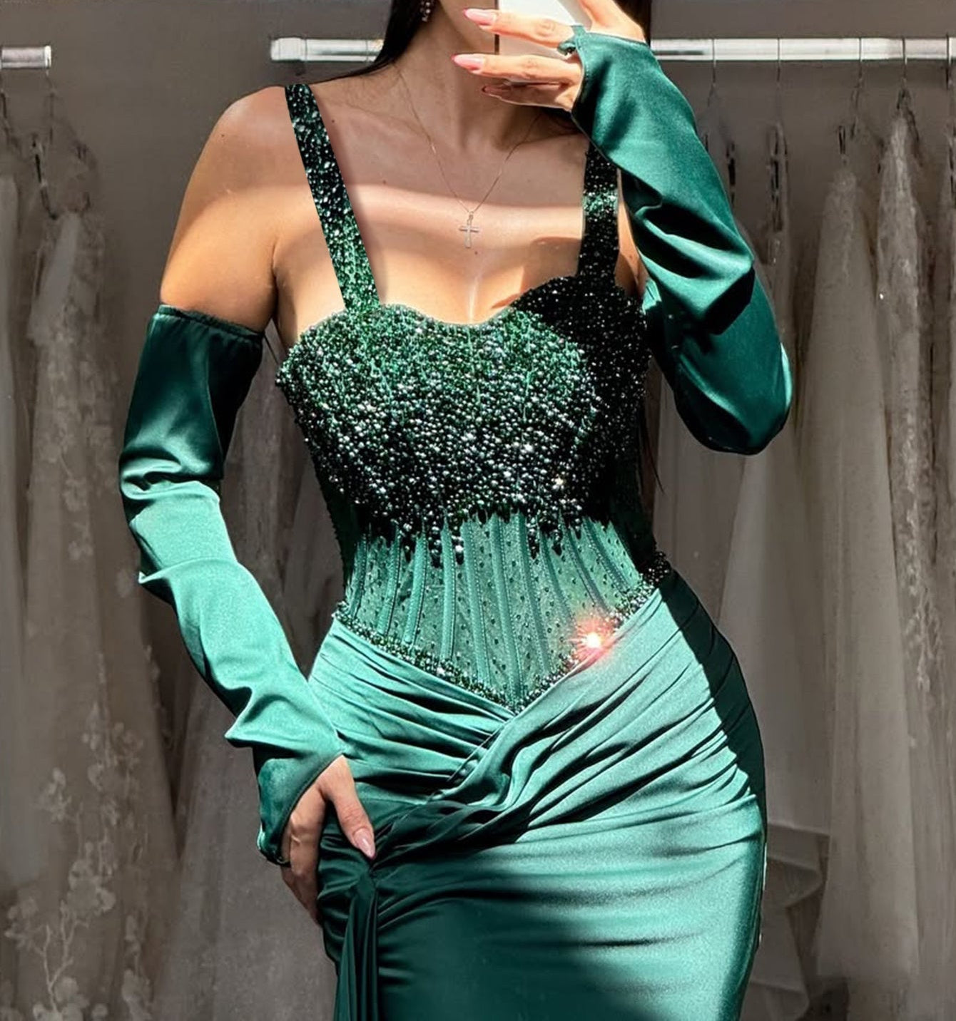 Beading Ruched Bodice Mermaid Prom Dress With Detachable Sleeves - Green