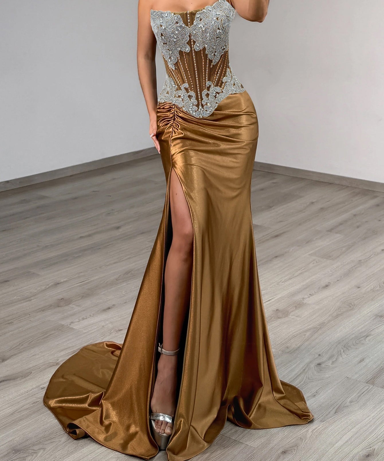 Luxury Crystal Strapless Sheer Bodice Mermaid Evening Dress - Gold