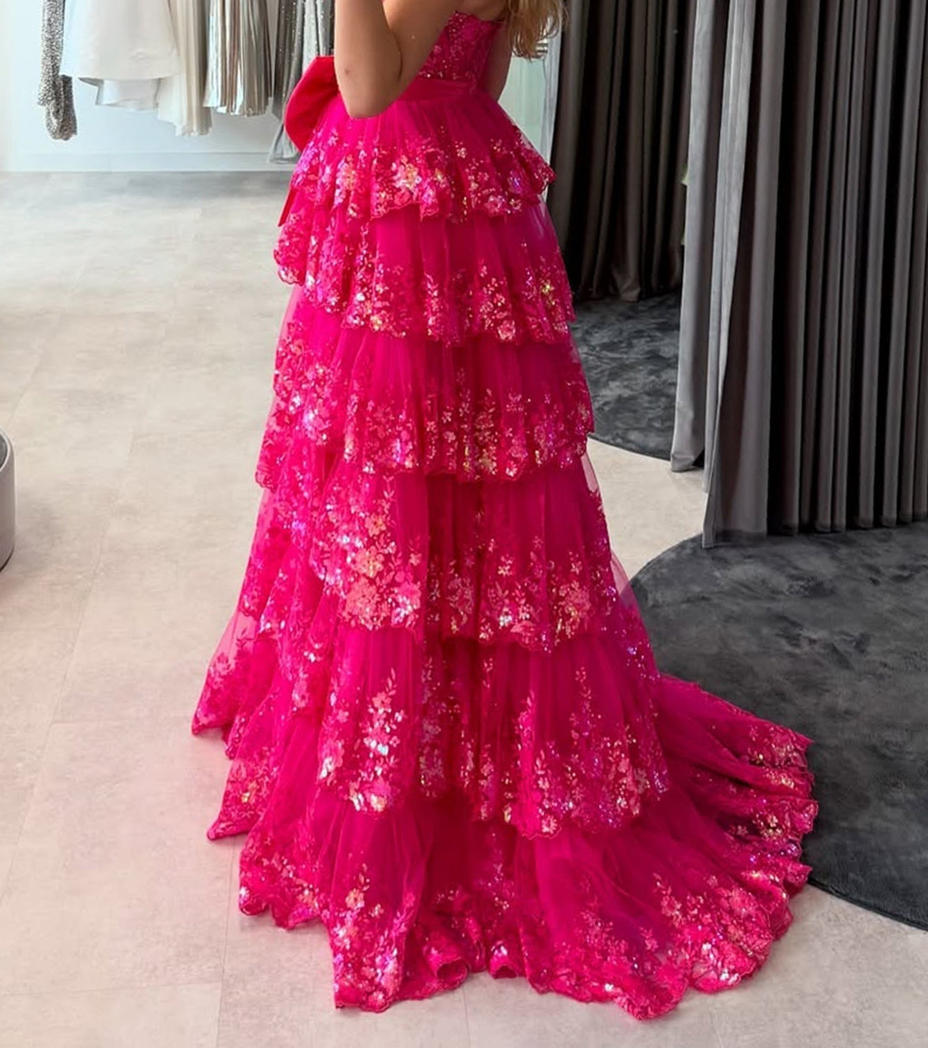 Satin Bow Waist Sparkly Lace Strapless Ruffle Tiered Prom Dress - Hot Pink