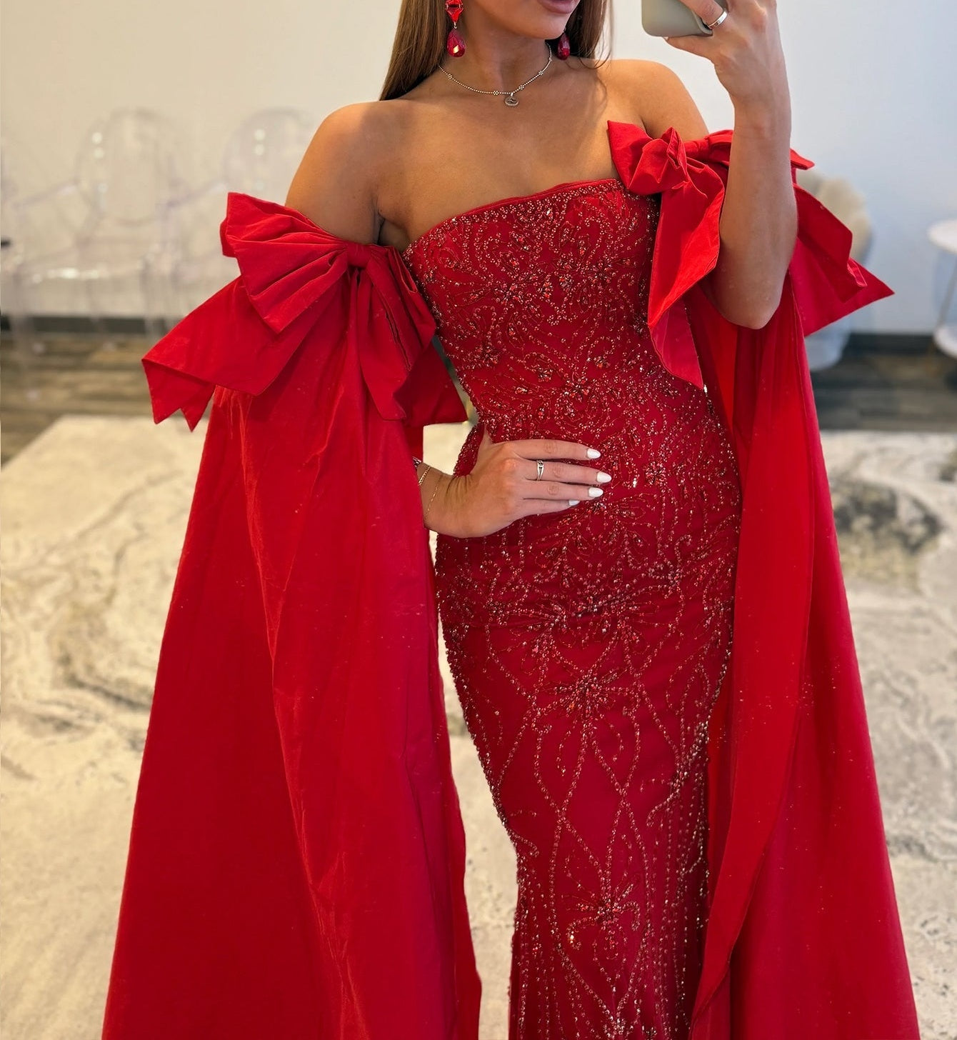 Luxury Removable Sleeves Crystal Mermaid Long Prom Dress - Red