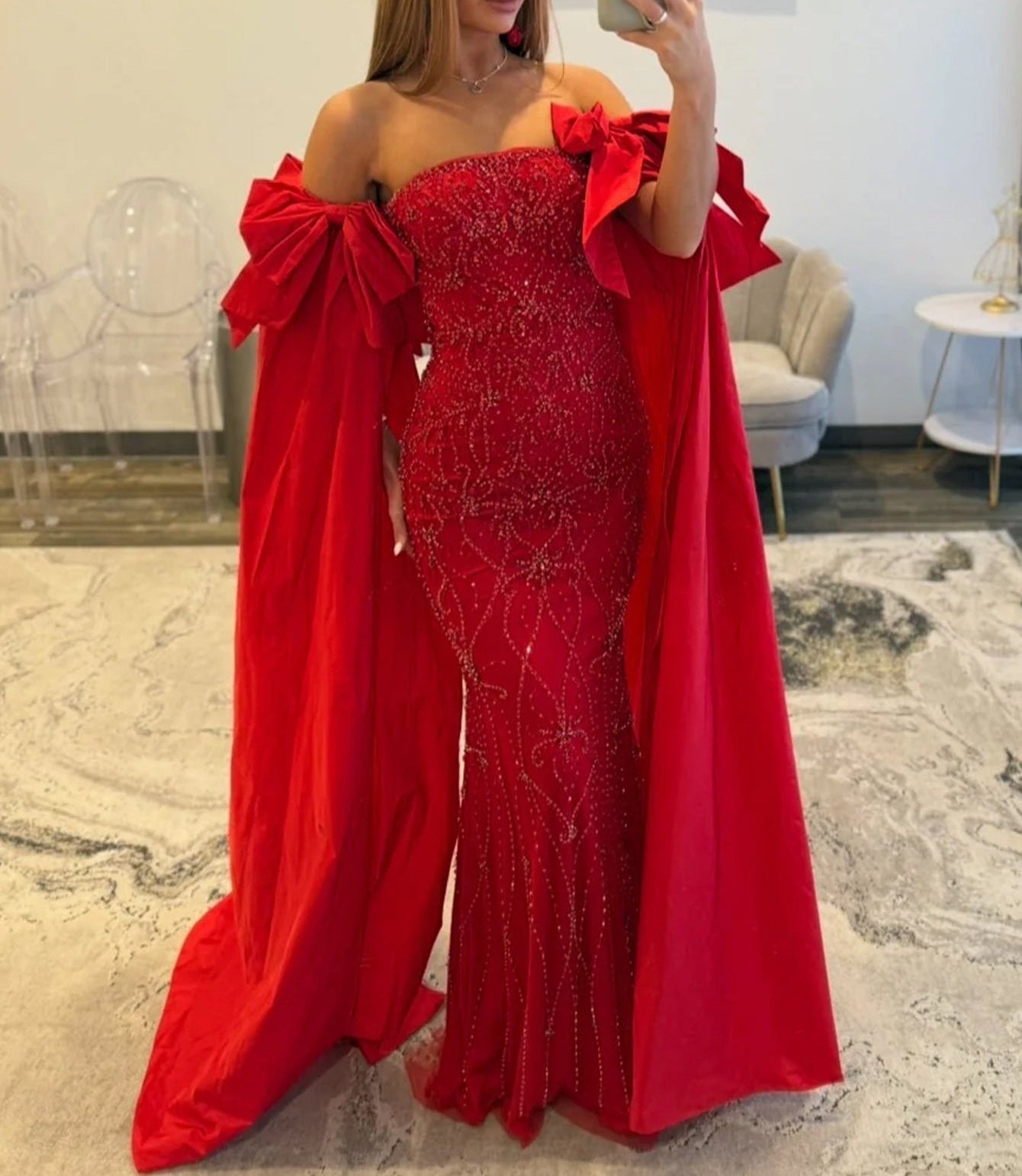 Luxury Removable Sleeves Crystal Mermaid Long Prom Dress - Red