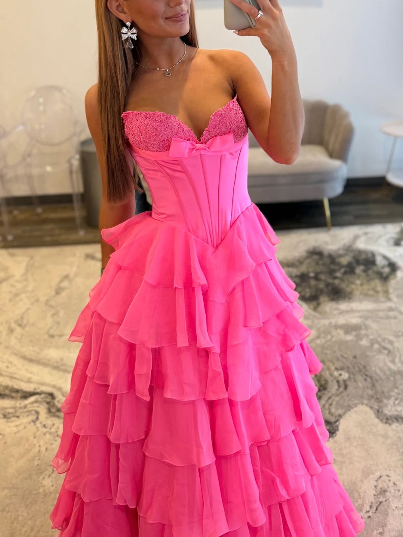 Lace Embroidery Boned Layered Ball Gown Prom Dress - Hot Pink