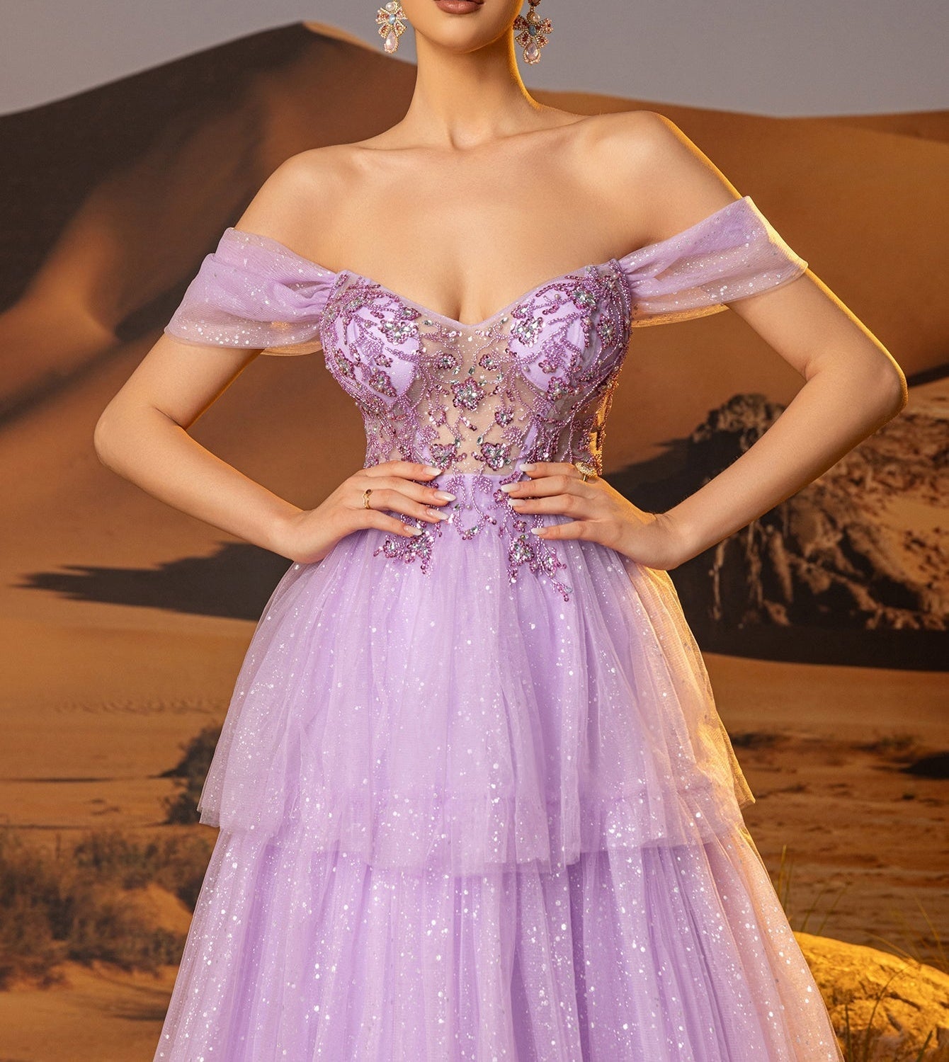 Off Shoulder Sparkly Lace Embroidery Layered Ball Gown Prom Dress - Lilac