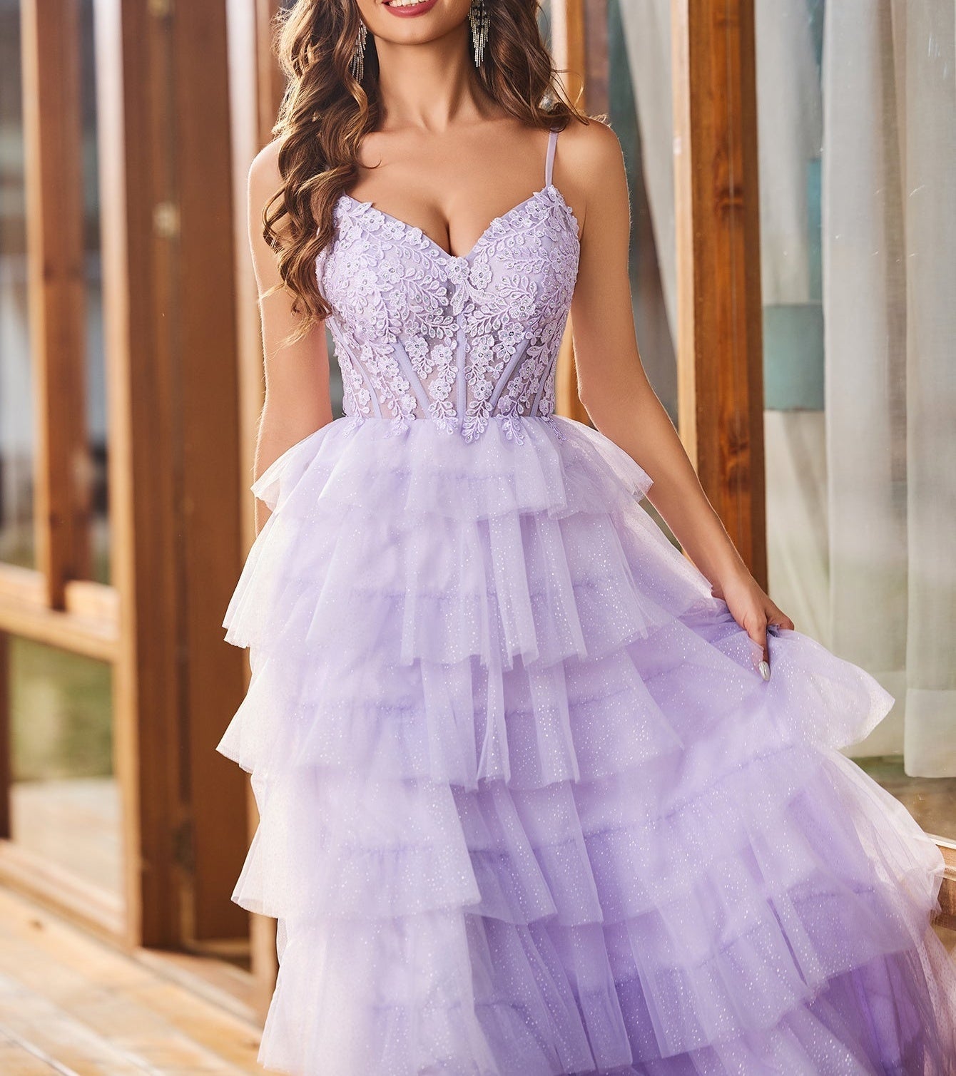 Embroidery Floral Sheer Ball Gown Prom Dress With Ruffle - Lilac