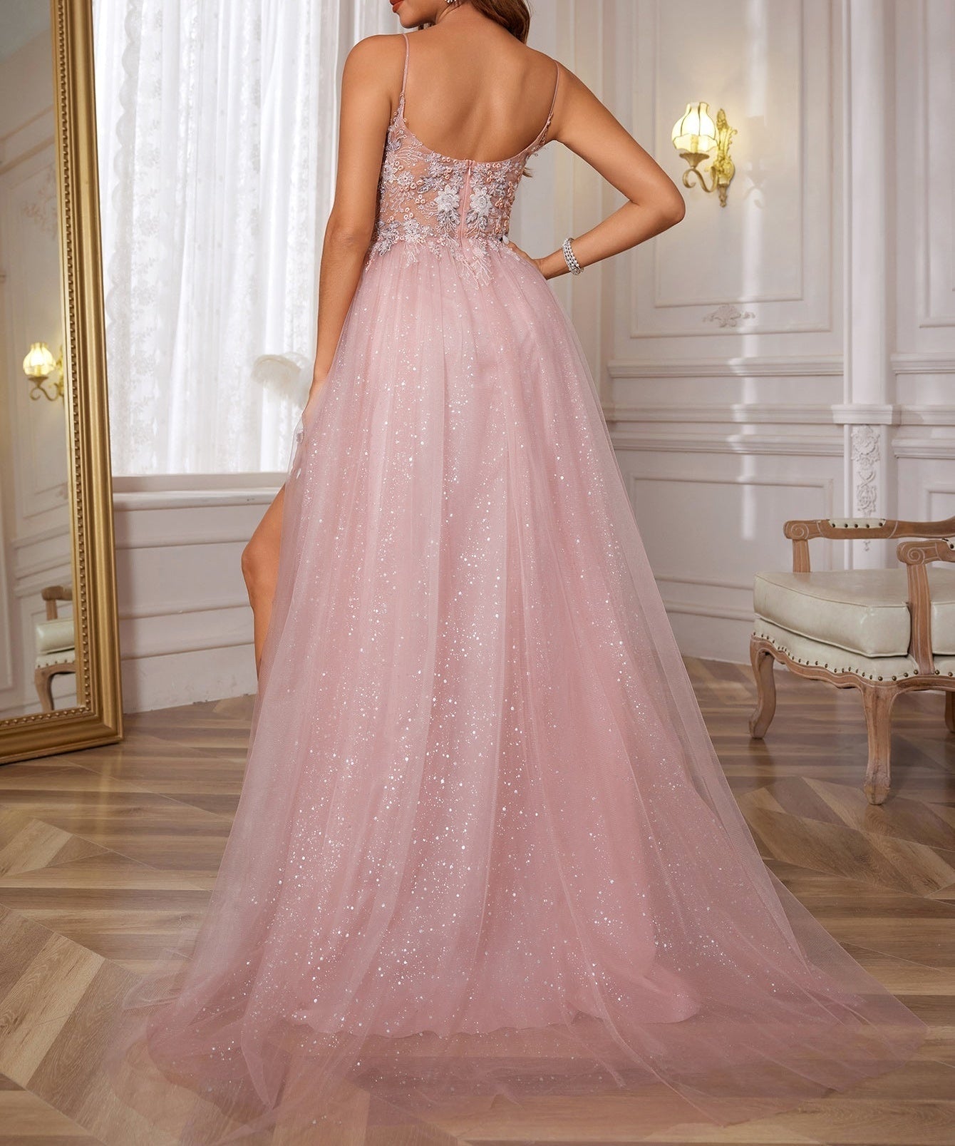 Sparkly Lace Embroidery Illusion Bodice A-Line Long Prom Dress - Blush Pink