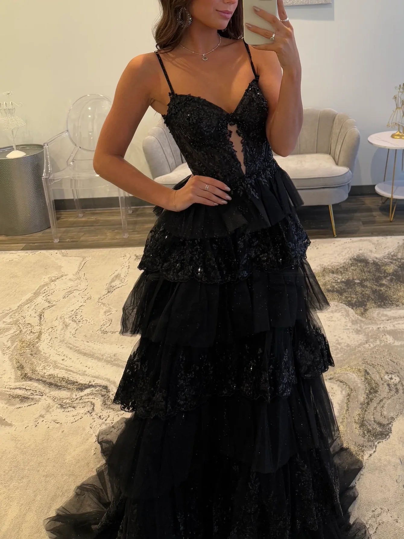 Cut Front Sparkly Lace Embroidery Tiered Ball Gown Prom Dress With Ruffle - Black