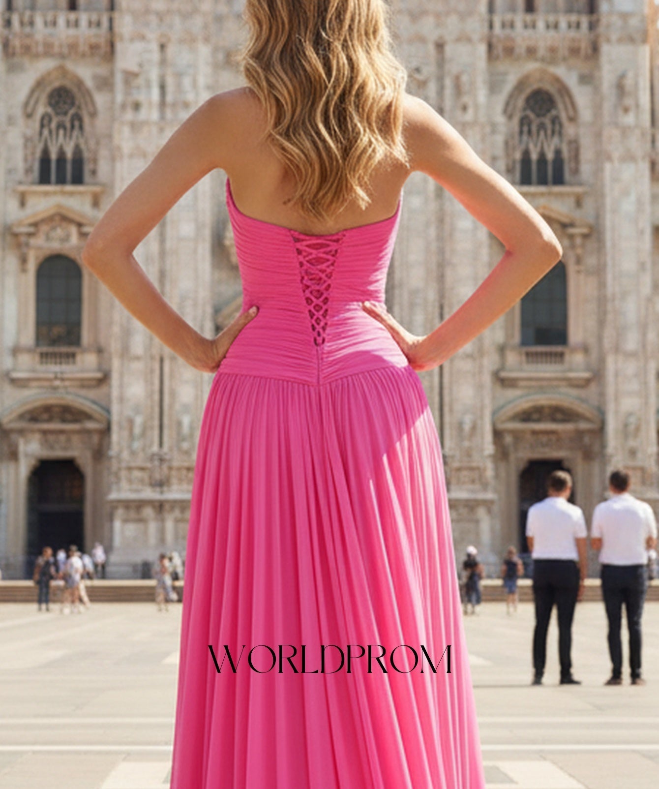 Cut Front Pleated A-Line Lace Up Long Prom Dress With Shawl - Hot Pink