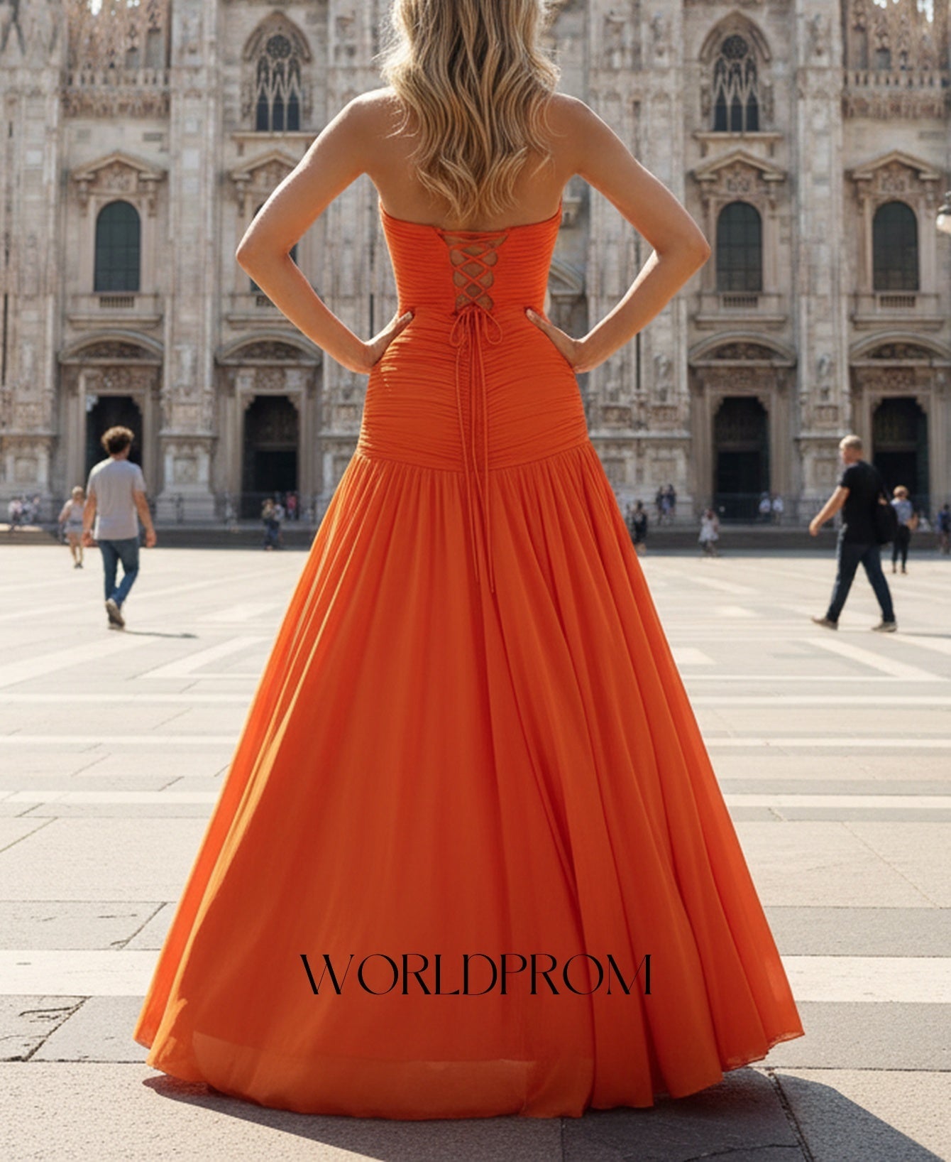 Ruched Bust Corset Pleated A-Line Long Prom Dress With Shawl - Orange