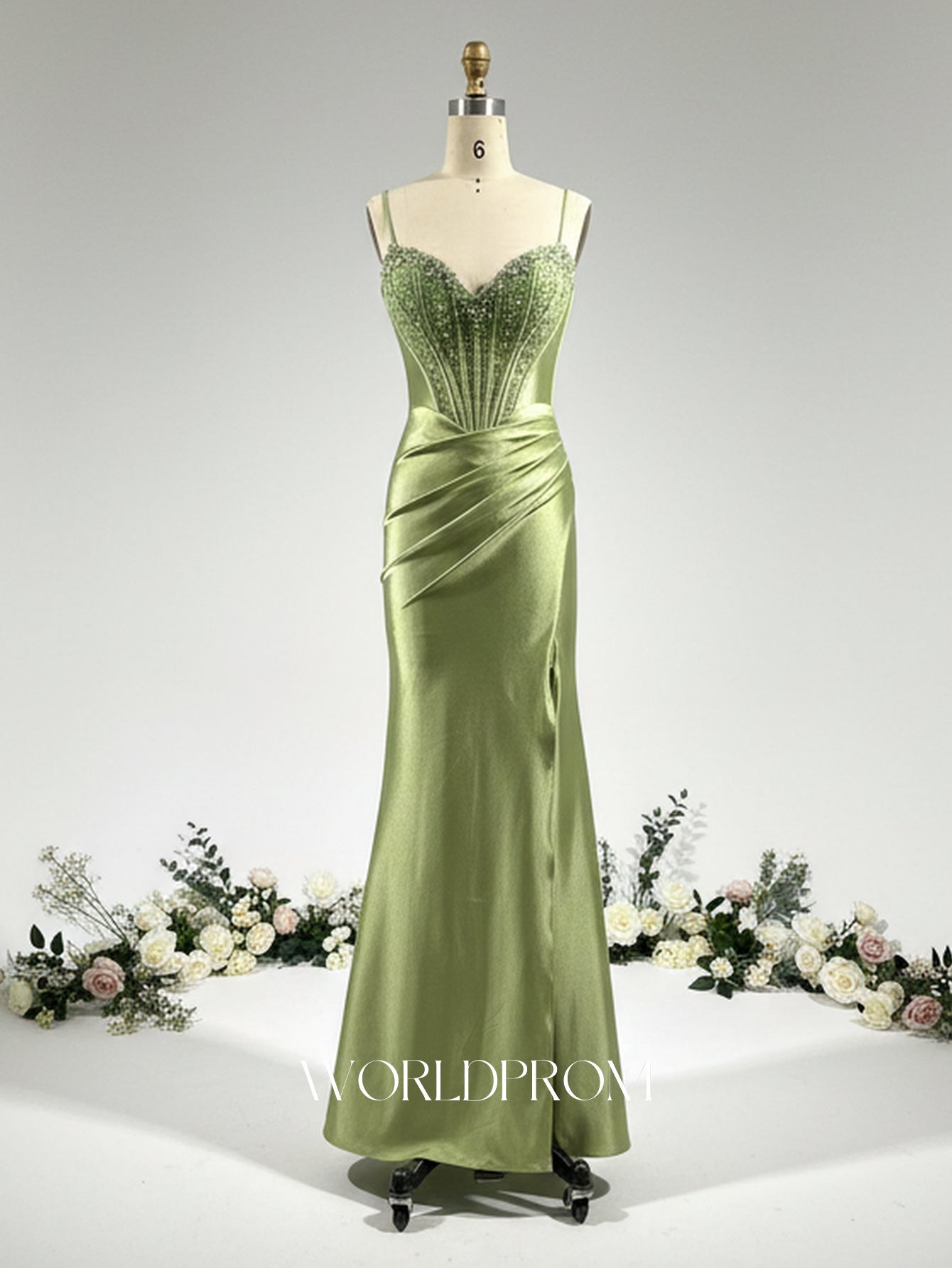 Sweetheart Hot Fix Crystal Spaghetti Shoulder Straps Bodice Mermaid Long Prom Dress - Olive Green
