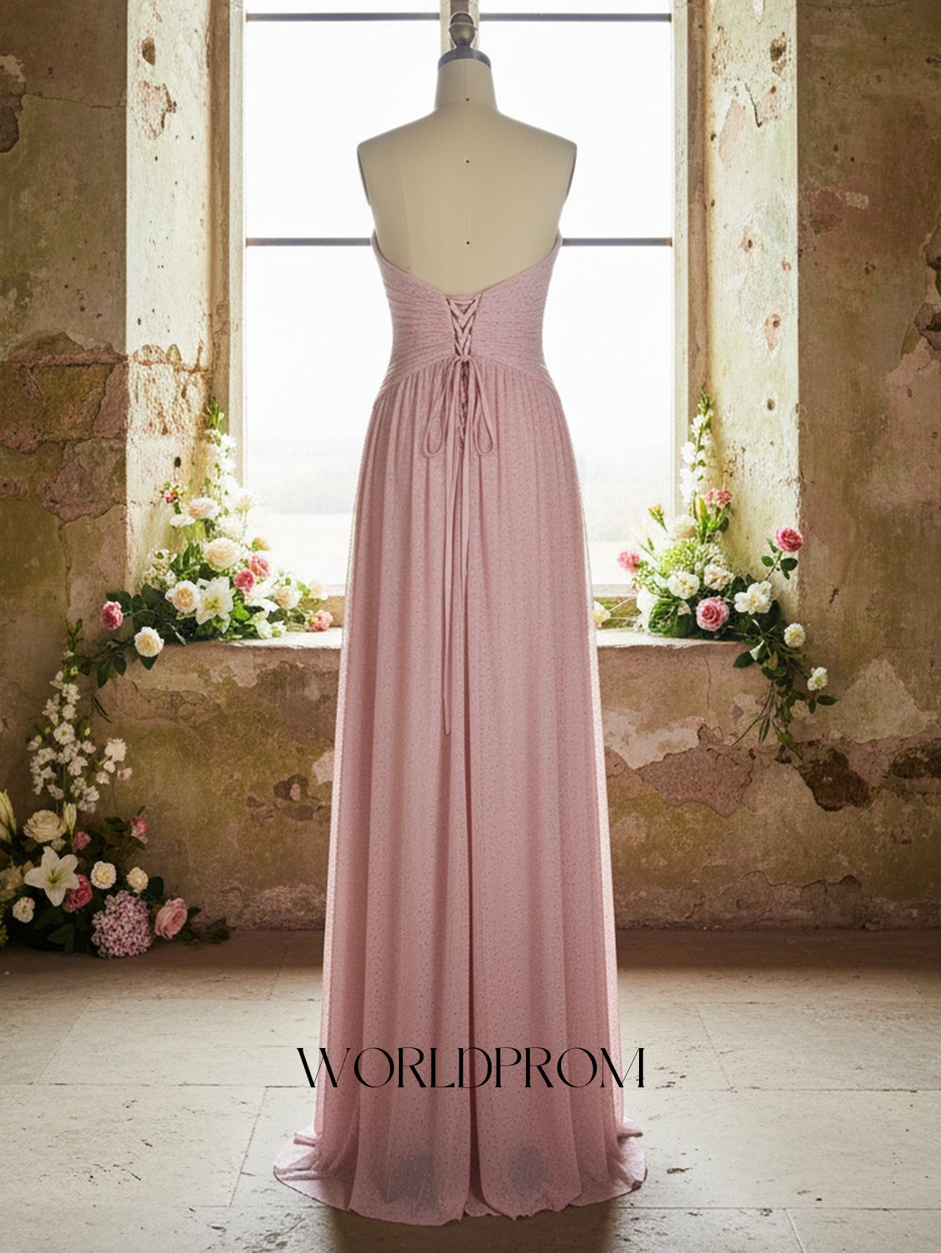 Hot Fix Crystal Cut Front Pleated A-Line Long Prom Dress - Blush Pink
