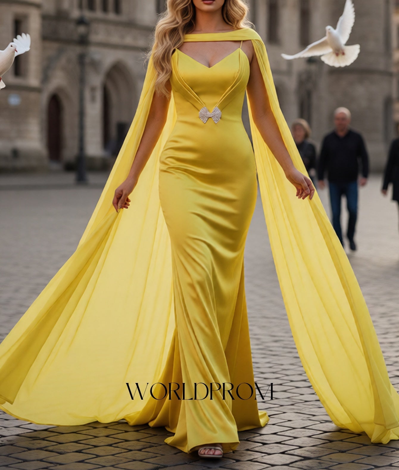 Bow Front Spaghetti Shoulder Straps Pleated Mermaid Long Prom Dress With Shawl - Yellow
