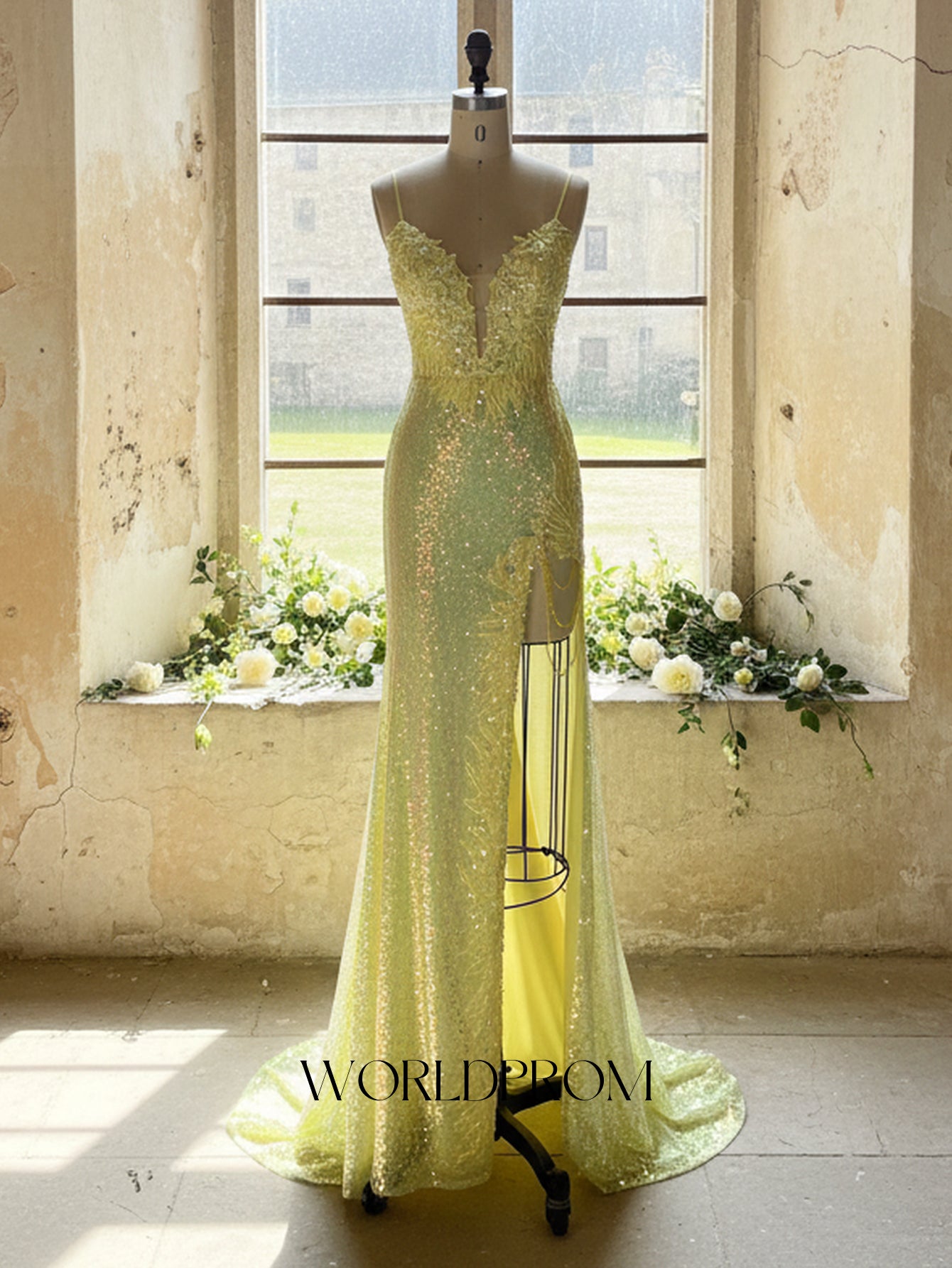 Deep V-Neck Sparkly Beading Lace Floral Illusion Mermaid Long Prom Dress - Goose Yellow