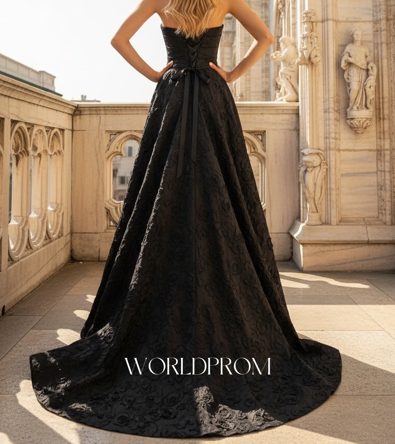 Strapless Floral Corset Lace Up A-Line Long Prom Dress - Black