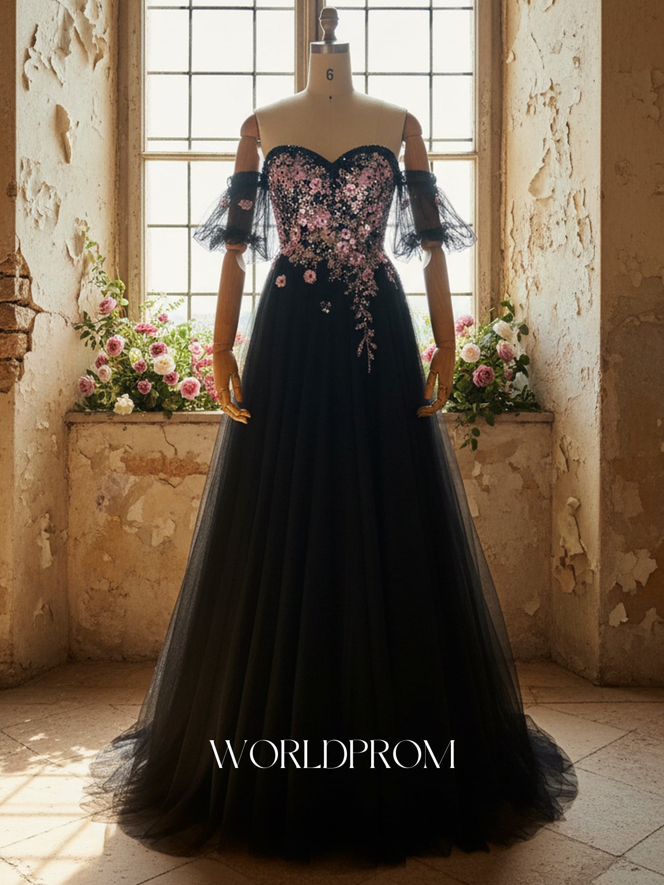 Off Shoulder Sparkly Beading Bodice A-Line Long Prom Dress - Black