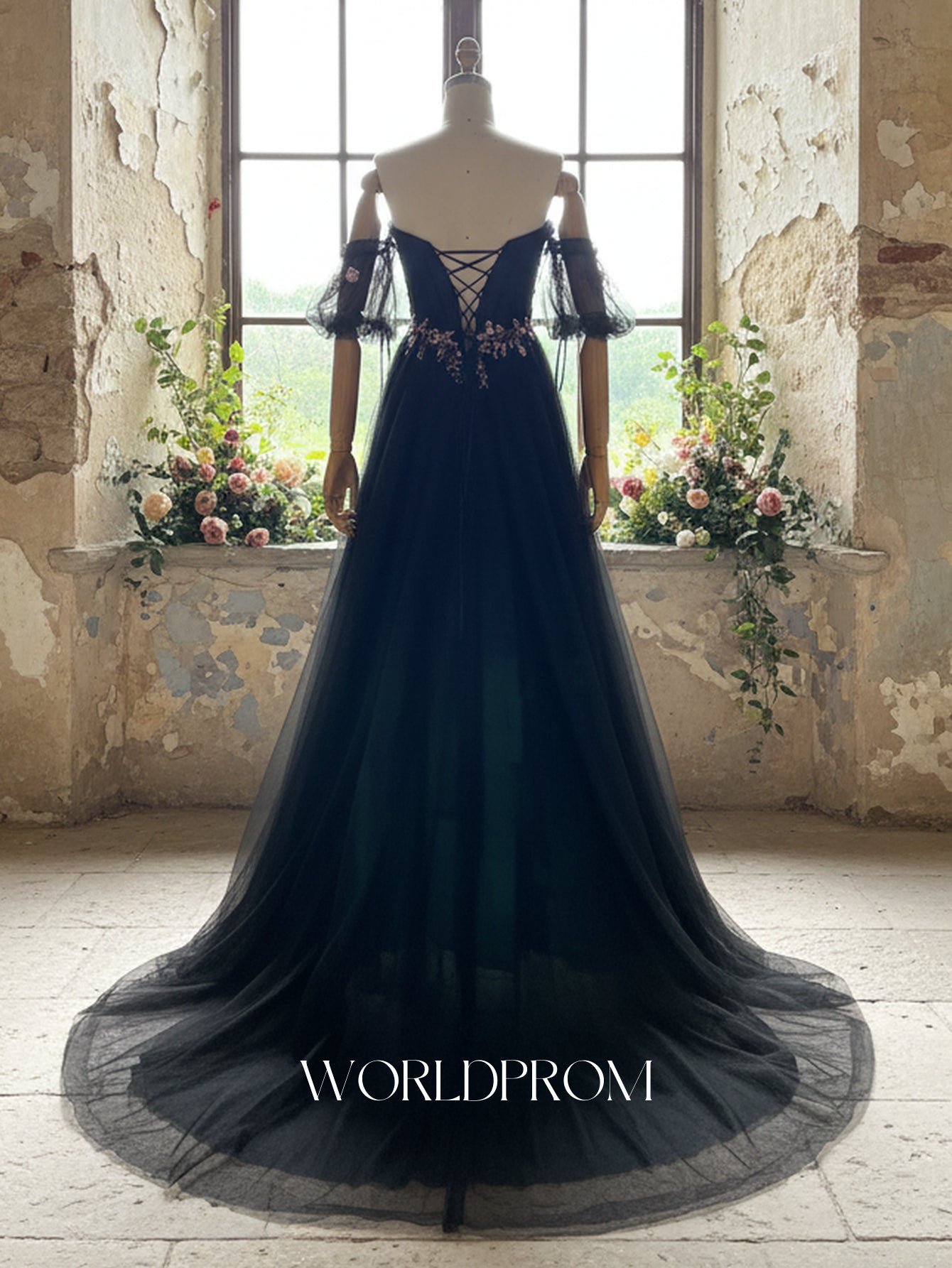 Off Shoulder Sparkly Beading Bodice A-Line Long Prom Dress - Black