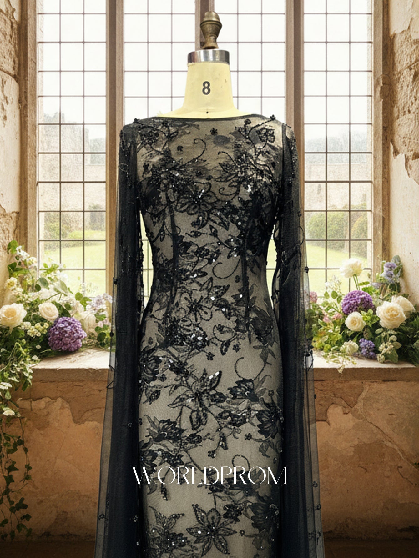 Long Sleeve Sparkly Beading Lace Illusion Mermaid Long Prom Dress - Black