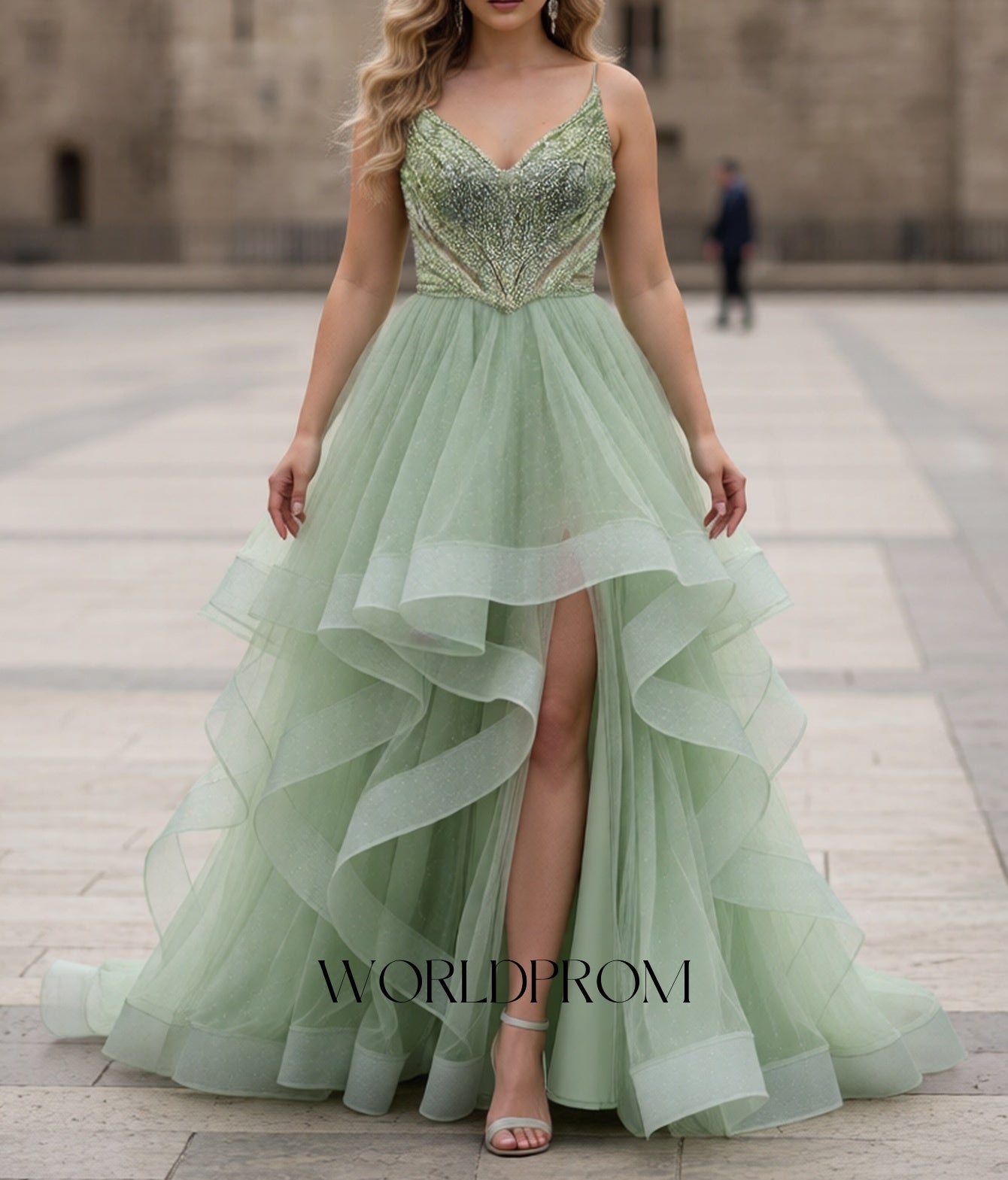 Sparkly Beading Spaghetti Shoulder Straps Backless Layered Ruffle Hem Long Prom Dress - Mint Green