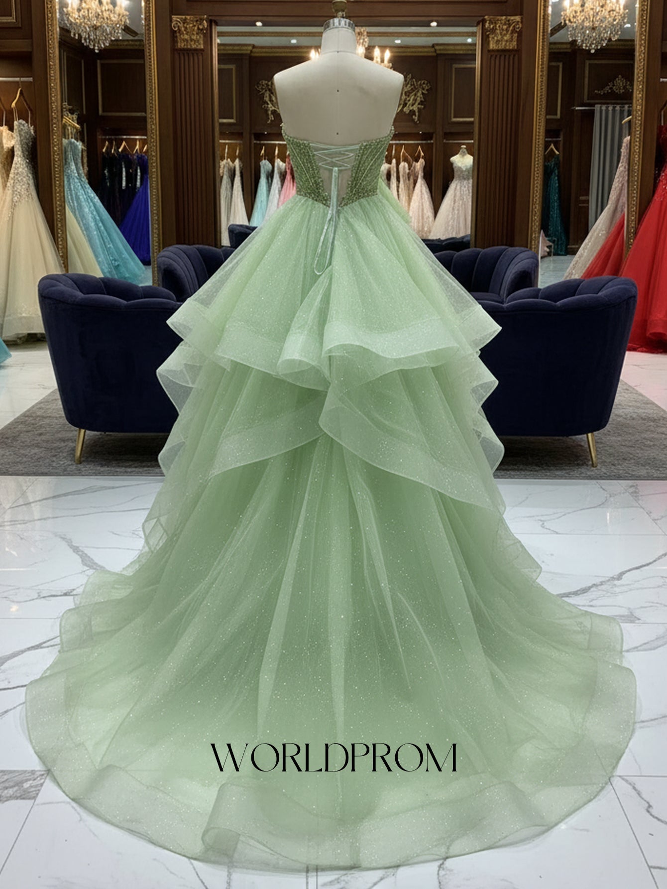 Sparkly Beading Spaghetti Shoulder Straps Backless Layered Ruffle Hem Long Prom Dress - Mint Green