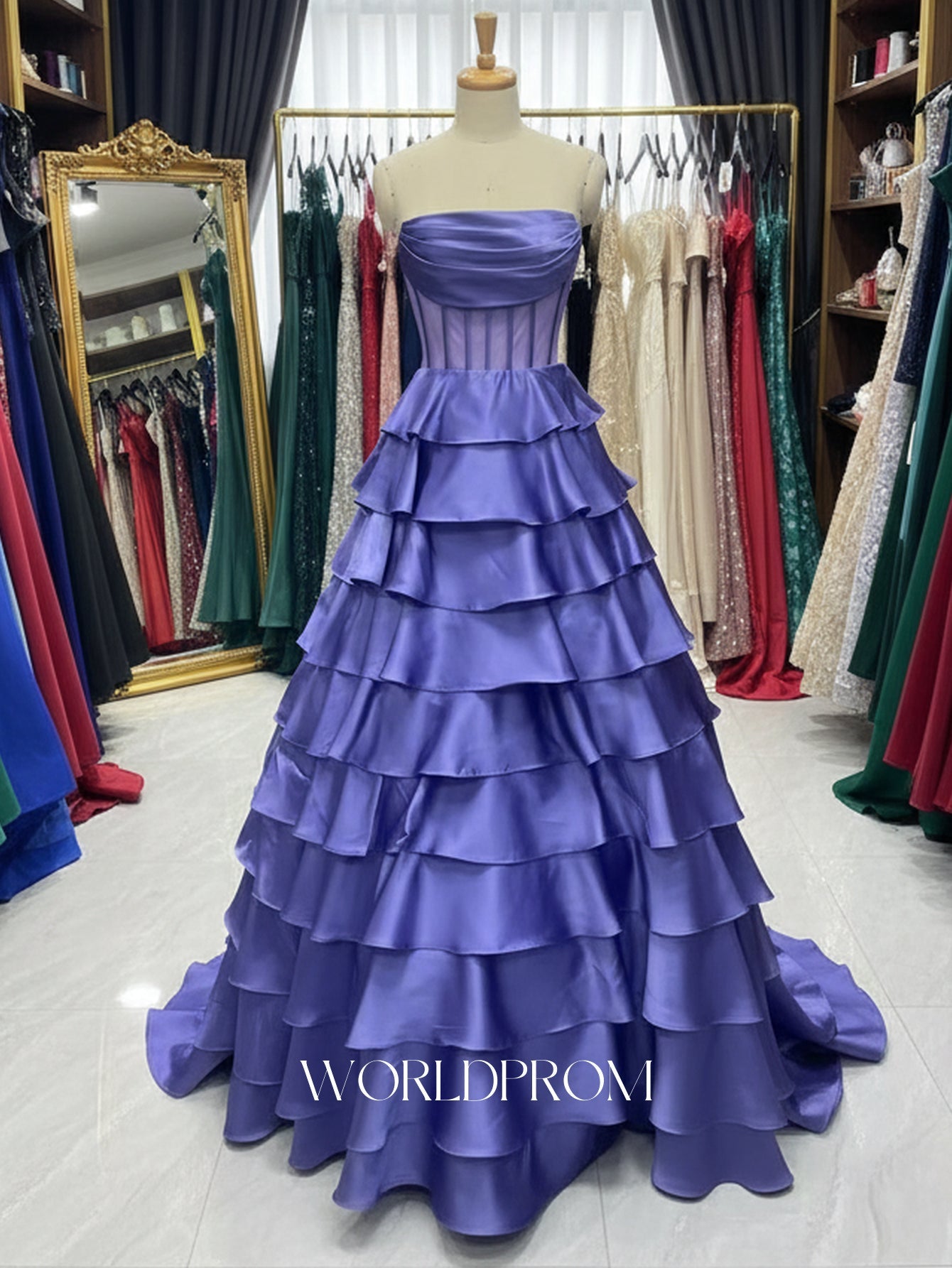 Ruched Bust Illusion Bodice Layered Ruffle Hem Long Ball Gown Prom Dress With Slit - Purple