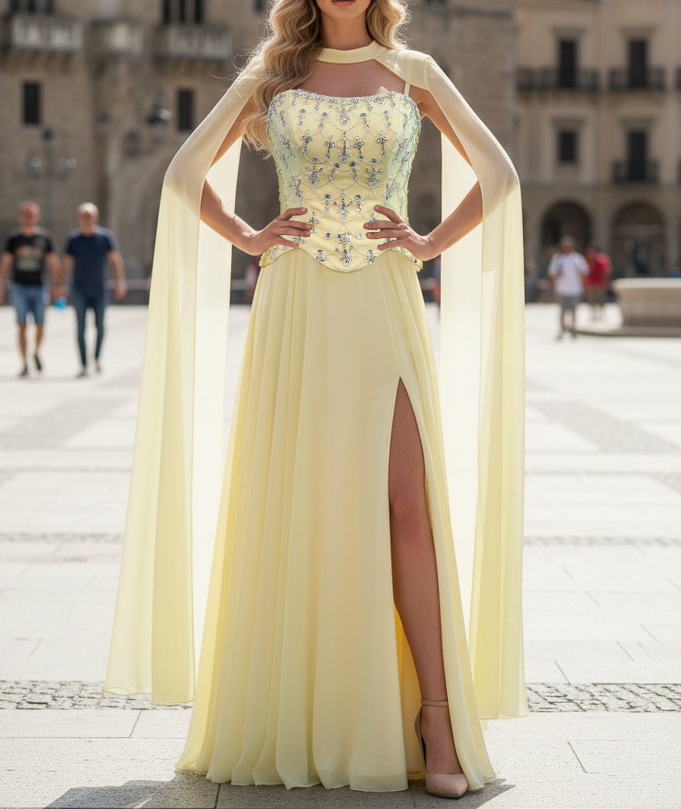 Shawl Sparkly Beading Spaghetti Shoulder Straps A-Line Long Prom Dress With Slit - Goose Yellow